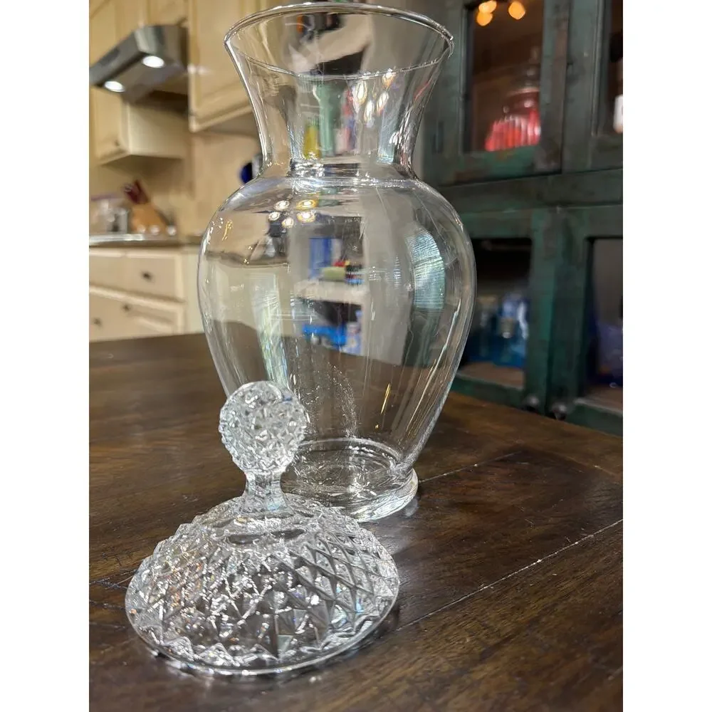 Vintage Clear Crystal Glass Large Covered Jar Diamond Point Lid Ball Finial